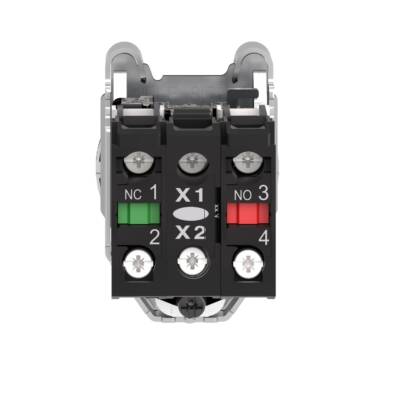 Illuminated push button, Harmony XB4, metal, green flush mounted, 30mm, universal LED, plain lens, 1NO + 1NC, 230V AC - Schneider Electric - XB4FW33M5