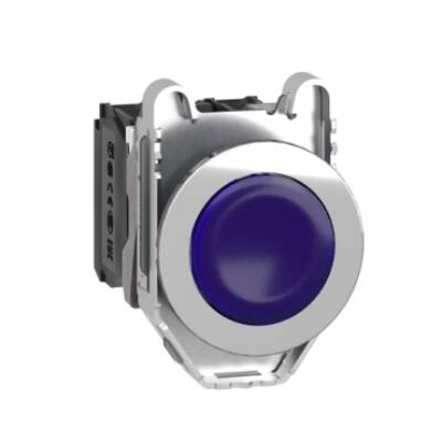 Illuminated push button, Harmony XB4, metal, blue flush mounted, 30mm, universal LED, plain lens, 1NO + 1NC, 230V AC - Schneider Electric - XB4FW36M5