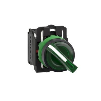 Illuminated selector switch, Harmony XB5, grey plastic, green handle, 22mm, universal LED, 2 positions, 1NO + 1NC, 230...240V AC - Schneider Electric - XB5AK123M5