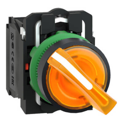 Illuminated selector switch, Harmony XB5, grey plastic, orange handle, 22mm, universal LED, 2 positions, 1NO + 1NC, 230...240V AC - Schneider Electric - XB5AK125M5