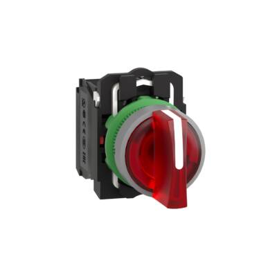 Illuminated selector switch, Harmony XB5, grey bezel, red handle, 22mm, universal LED, 3 positions, 1NO + 1NC, 230V AC - Schneider Electric - XB5AK134M5C0