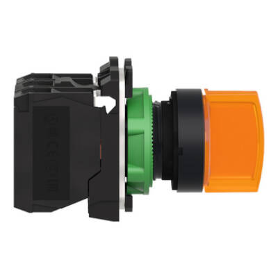 Illuminated selector switch, Harmony XB5, grey plastic, orange handle, 22mm, universal LED, 3 positions, 1NO + 1NC, 24V AC DC - Schneider Electric - XB5AK135B5