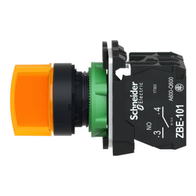 Illuminated selector switch, Harmony XB5, grey plastic, orange handle, 22mm, universal LED, 3 positions, 1NO + 1NC, 230...240V AC - Schneider Electric - XB5AK135M5