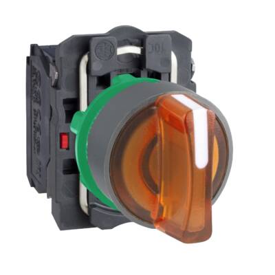 Illuminated selector switch, Harmony XB5, grey bezel, yellow handle, 22mm, universal LED, 3 positions, 1NO + 1NC, 230V AC - Schneider Electric - XB5AK135M5C0