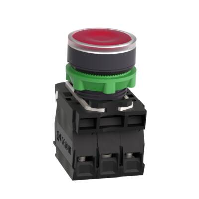 Illuminated push button, Harmony XB5, plastic, red flush, 22mm, universal LED, plain lens, 1NO + 1NC, 24V AC DC - Schneider Electric - XB5AW34B5