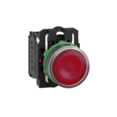 Illuminated push button, Harmony XB5, plastic, red flush, 22mm, universal LED, plain lens, 1NO + 1NC, 230...240V AC - Schneider Electric - XB5AW34M5