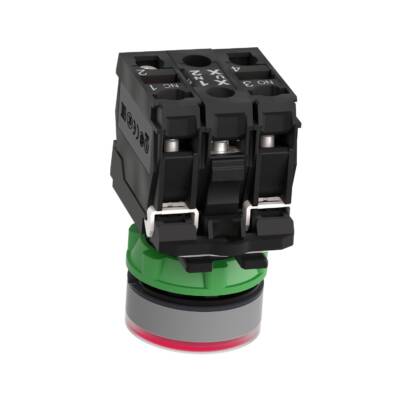 Illuminated push button, Harmony XB5, grey bezel, red flush, 22mm, universal LED, spring return, 1NO + 1NC, 220…240V AC - Schneider Electric - XB5AW34M5C0