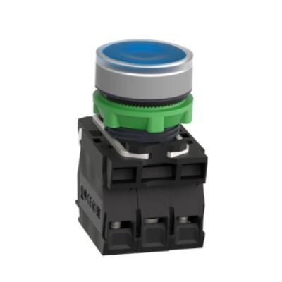 Illuminated push button, Harmony XB5, grey bezel, blue flush, 22mm, universal LED, spring return, 1NO + 1NC, 24V AC - Schneider Electric - XB5AW36B5C0