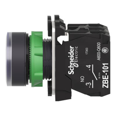 Illuminated push button, Harmony XB5, plastic, blue flush, 22mm, universal LED, plain lens, 1NO + 1NC, 230...240V AC - Schneider Electric - XB5AW36M5