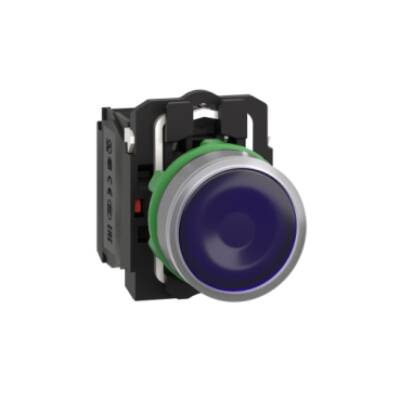 Illuminated push button, Harmony XB5, grey bezel, blue flush, 22mm, universal LED, spring return, 1NO + 1NC, 230V - Schneider Electric - XB5AW36M5C0