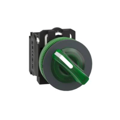 Illuminated selector switch, Harmony XB5, grey plastic, green handle, 30mm, universal LED, 2 positions, 1NO + 1NC, 230...240V AC - Schneider Electric - XB5FK123M5