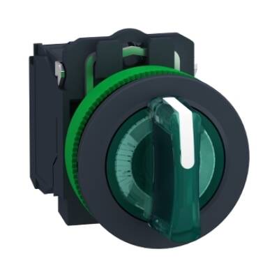 Illuminated selector switch, Harmony XB5, grey plastic, green handle, 30mm, universal LED, 3 positions, 1NO + 1NC, 230...240V AC - Schneider Electric - XB5FK133M5