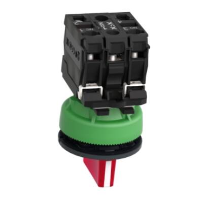 Illuminated selector switch, Harmony XB5, grey plastic, red handle, 30mm, universal LED, 3 positions, 1NO + 1NC, 230...240V AC - Schneider Electric - XB5FK134M5