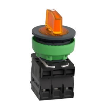 Illuminated selector switch, Harmony XB5, grey plastic, orange handle, 30mm, universal LED, 3 positions, 1NO + 1NC, 230...240V AC - Schneider Electric - XB5FK135M5