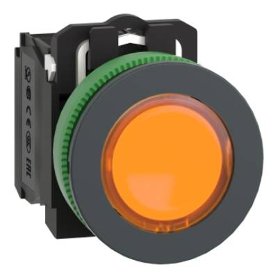 Illuminated push button, Harmony XB5, plastic, orange, 30mm, universal LED, 1NO + 1NC, 110...120V AC - Schneider Electric - XB5FW35G5