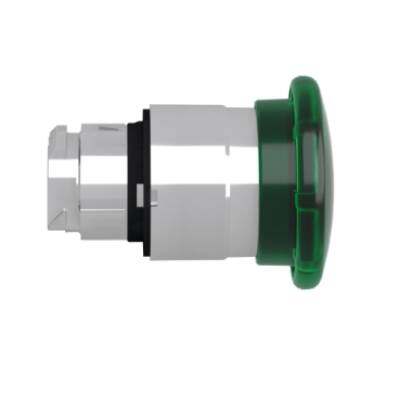Head for illuminated push button, Harmony XB4, green mushroom 40mm, 22mm, latching, push-pull to release, universal LED, unmarked - Schneider Electric - ZB4BW633