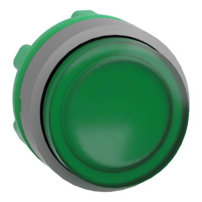 Head for illuminated push button, Harmony XB5, grey bezel, green projecting, 22mm, universal LED, push-push, unmarked - Schneider Electric - ZB5AH33C0