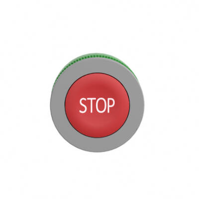 Harmony XB5, Flush mounted push button head, plastic, red, Ø30, spring return, marked STOP, grey bezel - Schneider Electric - ZB5FA434C0