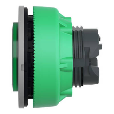 Head for illuminated push button, Harmony XB5, grey bezel, green projecting, 30mm, universal LED, push-push, unmarked - Schneider Electric - ZB5FH33C0