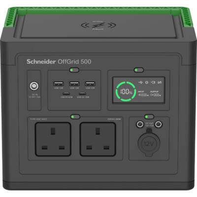 Schneider OffGrid Portable Power Station 500, 230V, 517Wh Lithium-ion, LCD, 2 BS1363 UK outlets, Sinewave, 3 USB-A, 2 USB-C, Wireless Charger - Schneider Electric - PPS500-UK