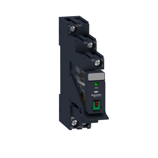 Harmony, Interface plug-in relay pre-assembled, 10 A, 1 CO, with LED, with lockable test button, with protection circuit, 24 V AC - Schneider Electric - RXG12B7PV