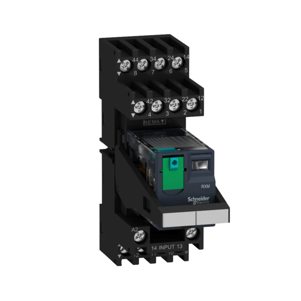 Harmony, Miniature plug-in relay pre-assembled, 10 A, 2 CO, with LED, with lockable test button, mixed terminals socket, 24 V DC - Schneider Electric - RXM2AB2BDPVM