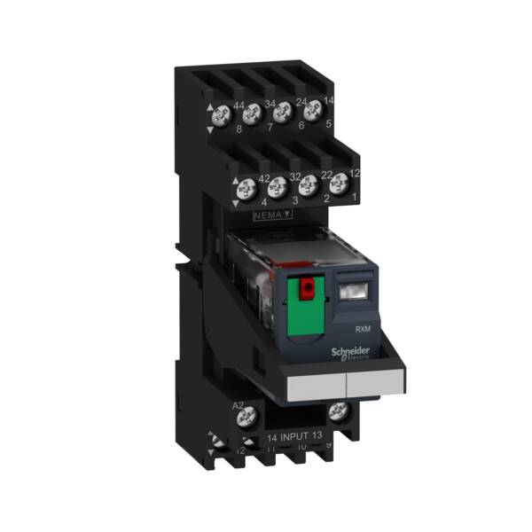 Harmony, Miniature plug-in relay pre-assembled, 10 A, 2 CO, with LED, with lockable test button, mixed terminals socket, 230 V AC - Schneider Electric - RXM2AB2P7PVM