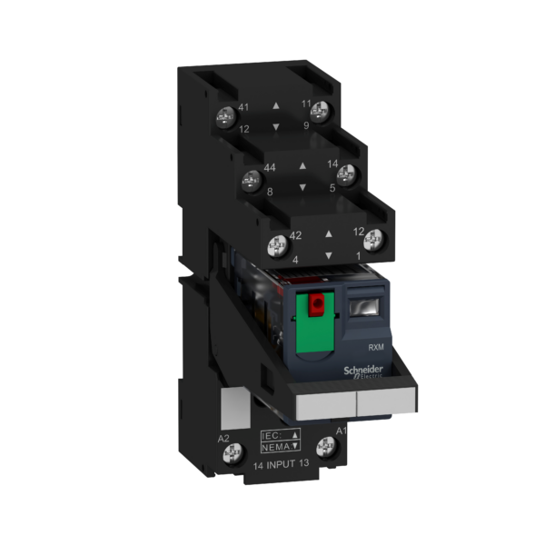 Harmony, Miniature plug-in relay pre-assembled, 12 A, 2 CO, with LED, with lockable test button, separate terminals socket, 230 V AC - Schneider Electric - RXM2AB2P7PVS