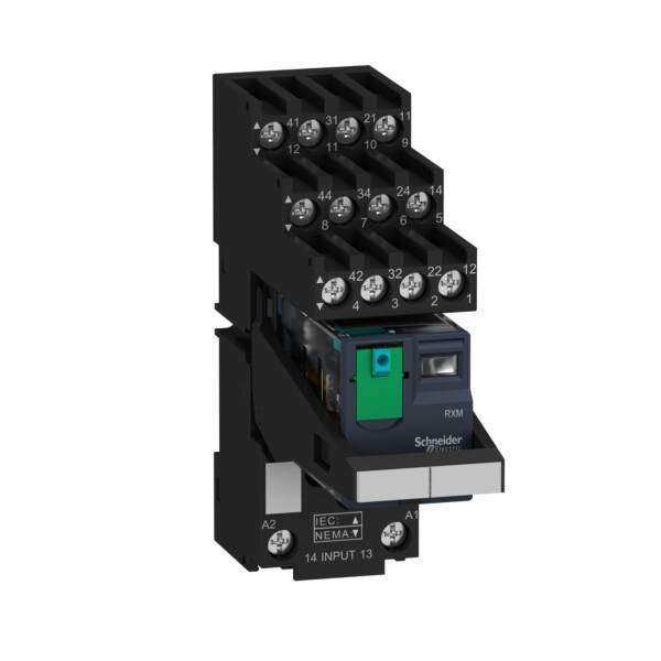 Harmony, Miniature plug-in relay pre-assembled, 6 A, 4 CO, with lockable test button, separate terminals socket, 24 V DC - Schneider Electric - RXM4AB1BDPVS