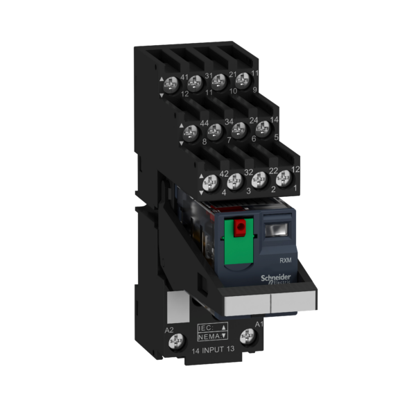 Harmony, Miniature plug-in relay pre-assembled, 6 A, 4 CO, with LED, with lockable test button, separate terminals socket, 230 V AC - Schneider Electric - RXM4AB2P7PVS