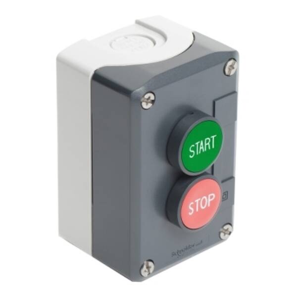 Control station, plastic, dark grey lid, 2 flush push buttons Ø22, marked START STOP, 1 NO + 1 NC - Schneider Electric - XALD215