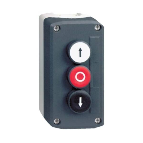 Control station, plastic, dark grey lid, 3 flush push buttons Ø22, marked UP ARROW O DOWN ARROW - Schneider Electric - XALD324