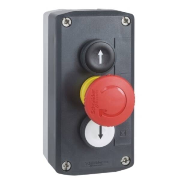 Control station, plastic, dark grey lid, 2 flush push buttons Ø22, marked UP ARROW / DOWN ARROW, 1 red mushroom Ø30 - Schneider Electric - XALD328