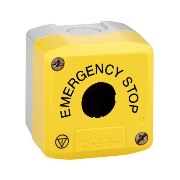 Harmony XALD, XALK, Empty control station, plastic, yellow, 1 cut-out, marked EMERGENCY STOP and logo ISO13850 - Schneider Electric - XALK01H29