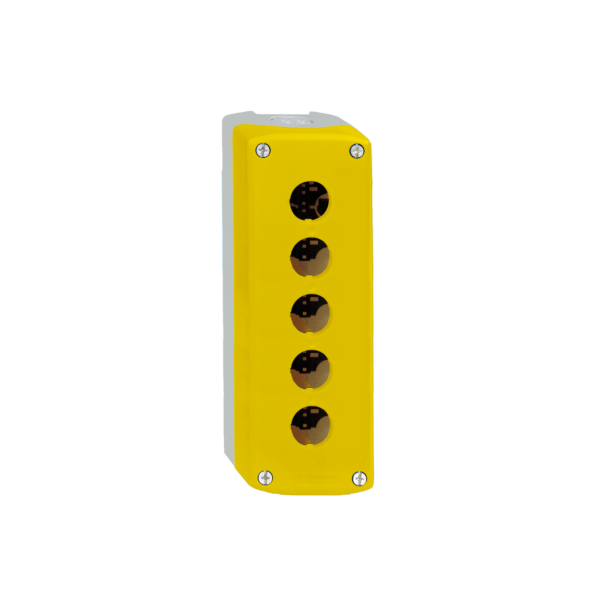 yellow empty enclosure lid with light grey base - 5 cut-outs - Schneider Electric - XALK05