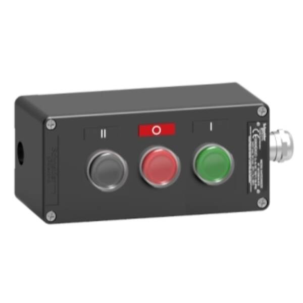 Control station, metal, three functions, 3 flush push buttons, green, red, black, 2 NO + 1 NC, ATEX - Schneider Electric - XAWF310EX