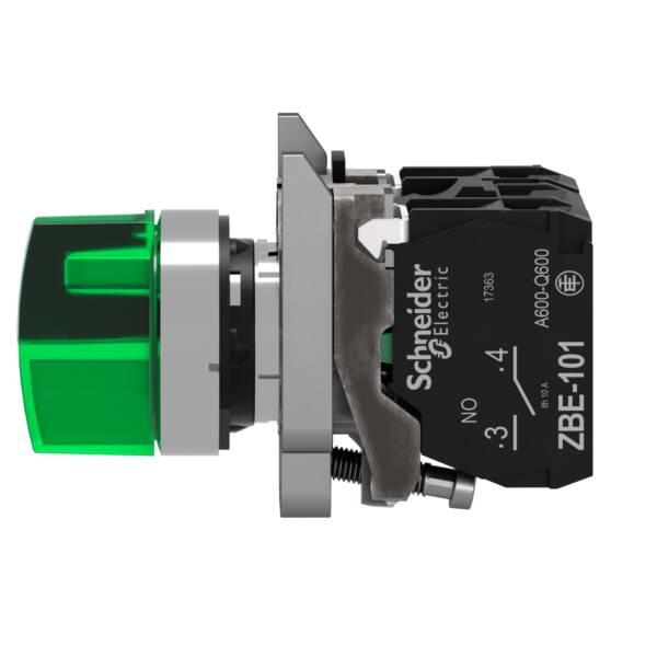 Illuminated selector switch, Harmony XB4, metal, green handle, 22mm, universal LED, 3 positions, 1NO + 1NC, 24V AC DC - Schneider Electric - XB4BK133B5