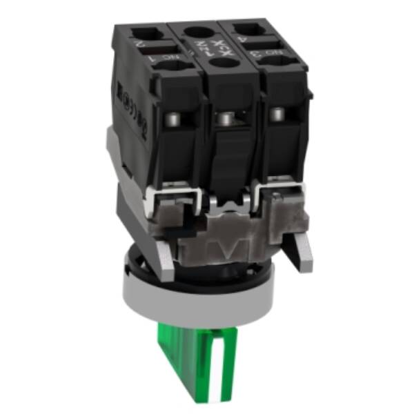 Illuminated selector switch, Harmony XB4, metal, green handle, 22mm, universal LED, 3 positions, 1NO + 1NC, 230...240V AC - Schneider Electric - XB4BK133M5