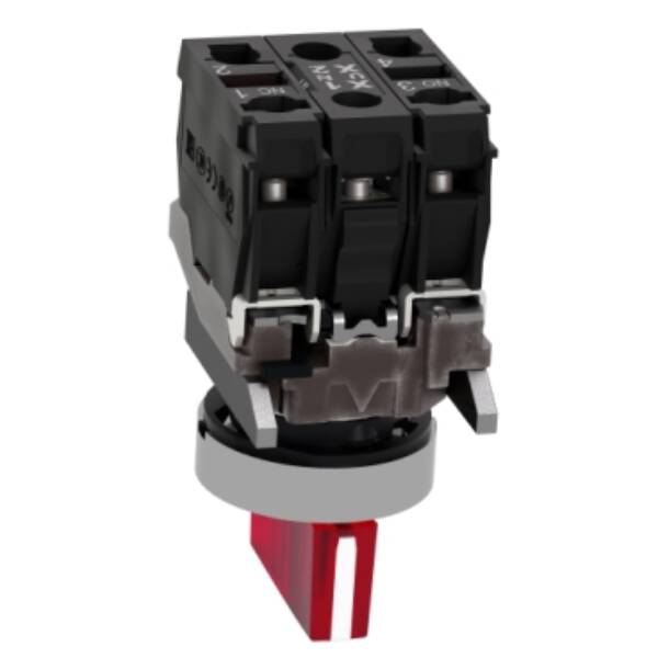 Illuminated selector switch, Harmony XB4, metal, red handle, 22mm, universal LED, 3 positions, 1NO + 1NC, 24V AC DC - Schneider Electric - XB4BK134B5