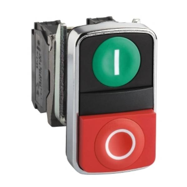 Double-headed push button, metal, Ø22, 1 green flush marked I + 1 red projecting marked O, 1 NO + 1 NC - Schneider Electric - XB4BL73415