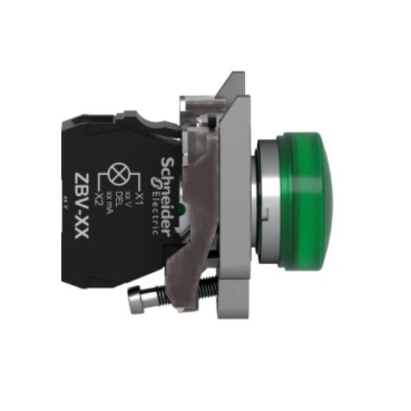 Pilot light, Harmony XB4,metal, green, 22mm, universal LED, plain lens, 230...240V AC - Schneider Electric - XB4BVM3