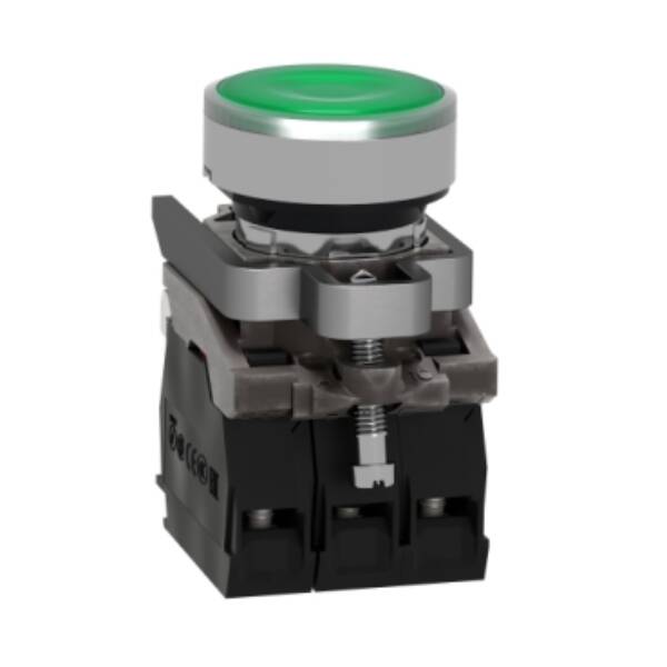 Illuminated push button, Harmony XB4, metal, green flush, 22mm, universal LED, plain lens, 1NO + 1NC, 230...240V AC - Schneider Electric - XB4BW33M5