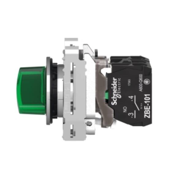 Illuminated selector switch, Harmony XB4, metal, green handle, 30mm, universal LED, 2 positions, 1NO + 1NC, 24V AC DC - Schneider Electric - XB4FK123B5