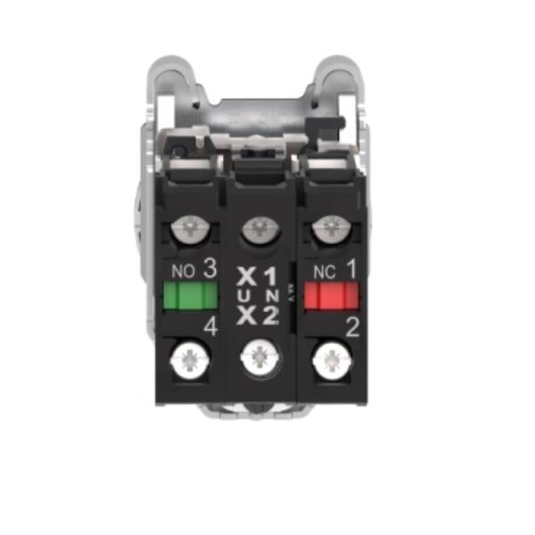 Illuminated push button, Harmony XB4, metal, green flush mounted, 30mm, universal LED, plain lens, 1NO + 1NC, 24V AC/DC - Schneider Electric - XB4FW33B5