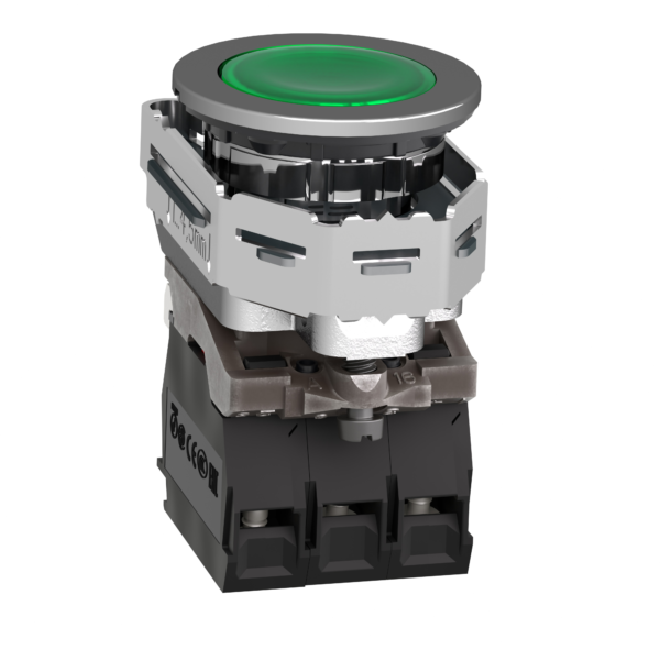 Illuminated push button, Harmony XB4, metal, green flush mounted, 30mm, universal LED, plain lens, 1NO + 1NC, 230V AC - Schneider Electric - XB4FW33M5