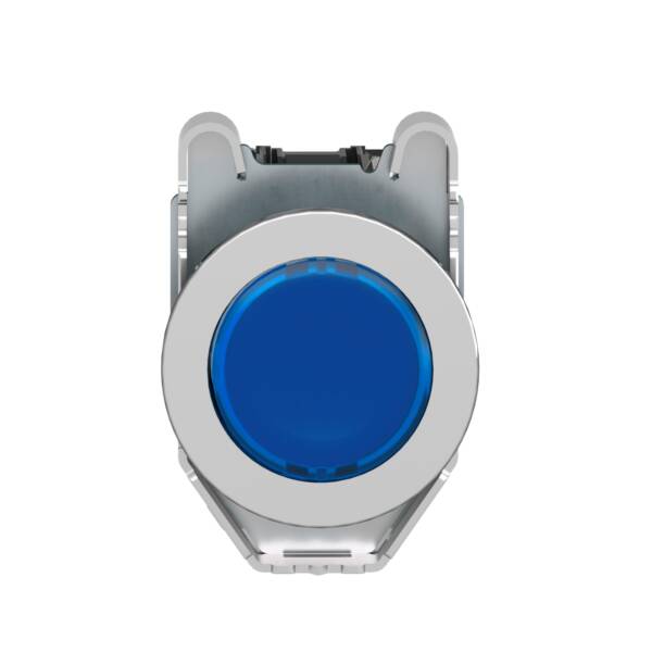 Illuminated push button, Harmony XB4, metal, blue flush mounted, 30mm, universal LED, plain lens, 1NO + 1NC, 24V AC DC - Schneider Electric - XB4FW36B5