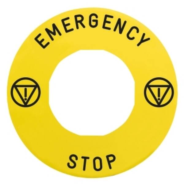 Legend holder Ø60 for emergency stop, plastic, yellow, for padlocking, marked EMERGENCY STOP - Schneider Electric - ZBY9330T