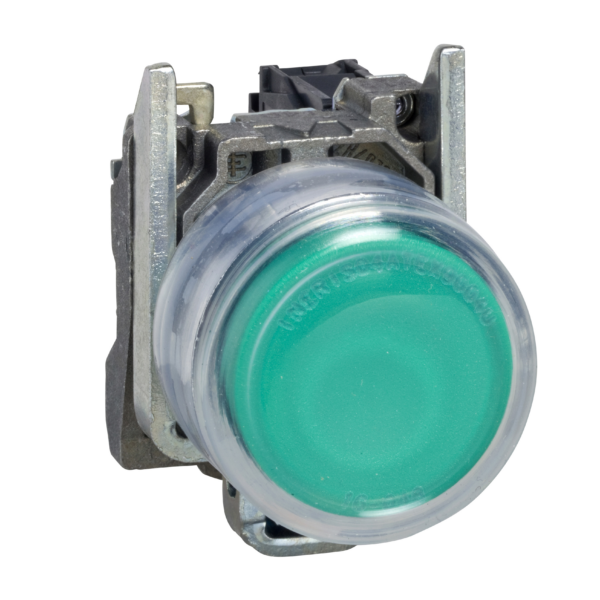 Harmony XB4 - ATEX D, Illuminated push button, metal, flush, green, Ø22, spring return, booted, 1 NO, 24 V AC/DC, ATEX - Schneider Electric - XB4BP383B5EX