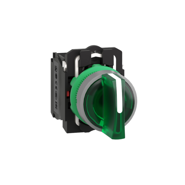 Illuminated selector switch, Harmony XB5, grey bezel, green handle, 22mm, universal LED, 3 positions, 1NO + 1NC, 120V AC - Schneider Electric - XB5AK133G5C0