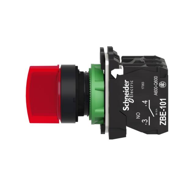 Illuminated selector switch, Harmony XB5, grey plastic, red handle, 22mm, 3 positions, universal LED, 1NO + 1NC, 24V AC DC - Schneider Electric - XB5AK134B5